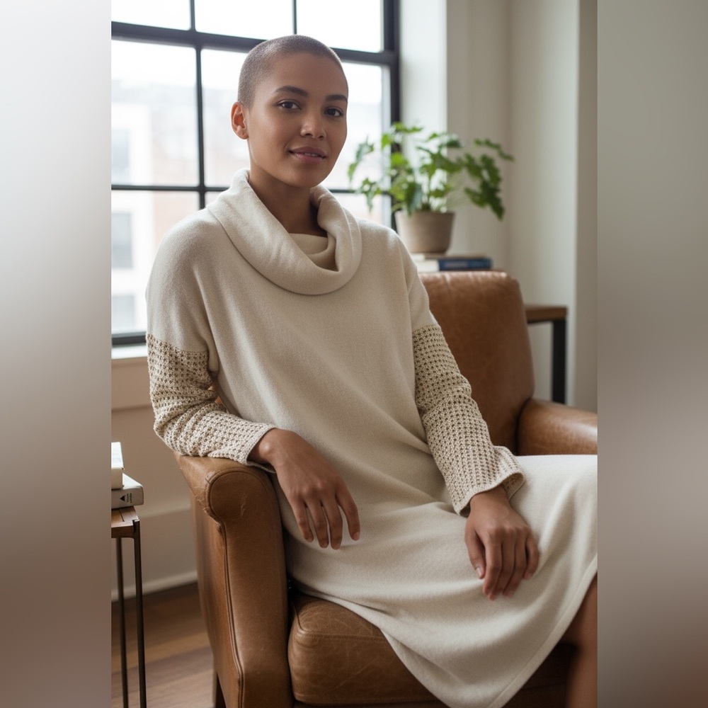 New Josie Natori Cowl Neck Crochet Beaded Sleeves Cashmere/Silk in Cream S NWT